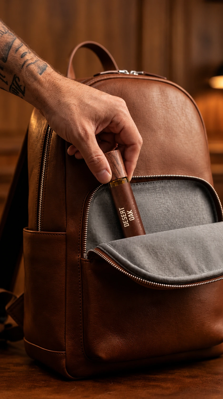 A gentleman placing Desert Oak roll-on oil into a brown leather backpack
