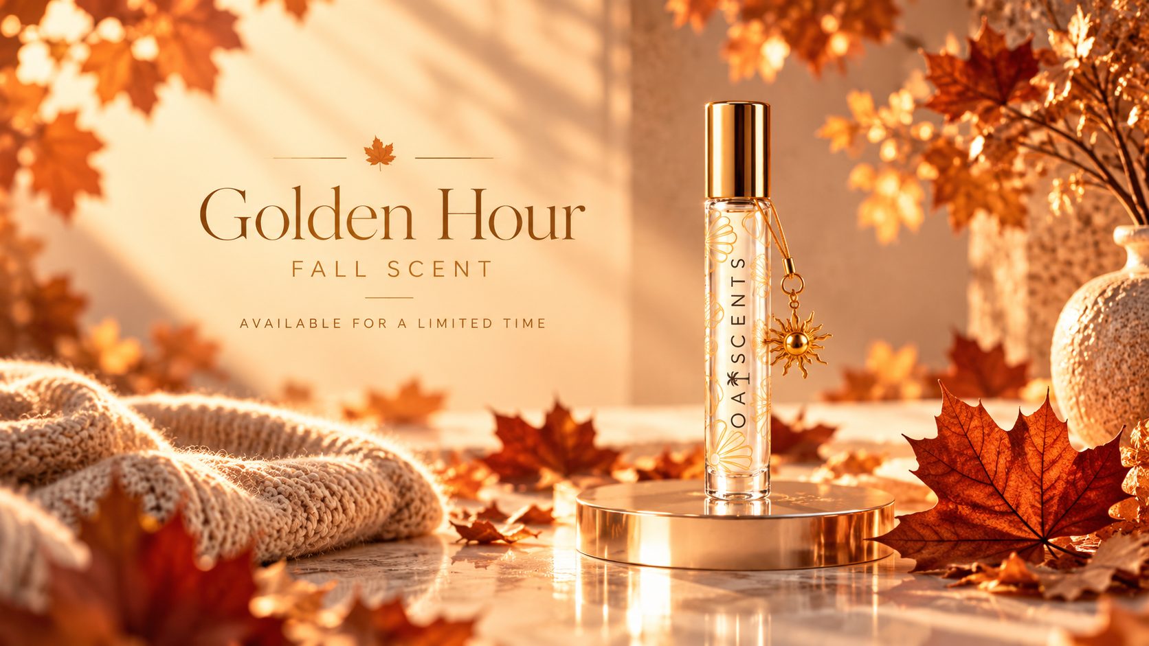Golden Hour, an Oaiscents fall scent — a roll-on perfume oil with a gold cap and sun charm standing on a gold pedestal among autumn leaves on a sunlit table, labelled available for a limited time