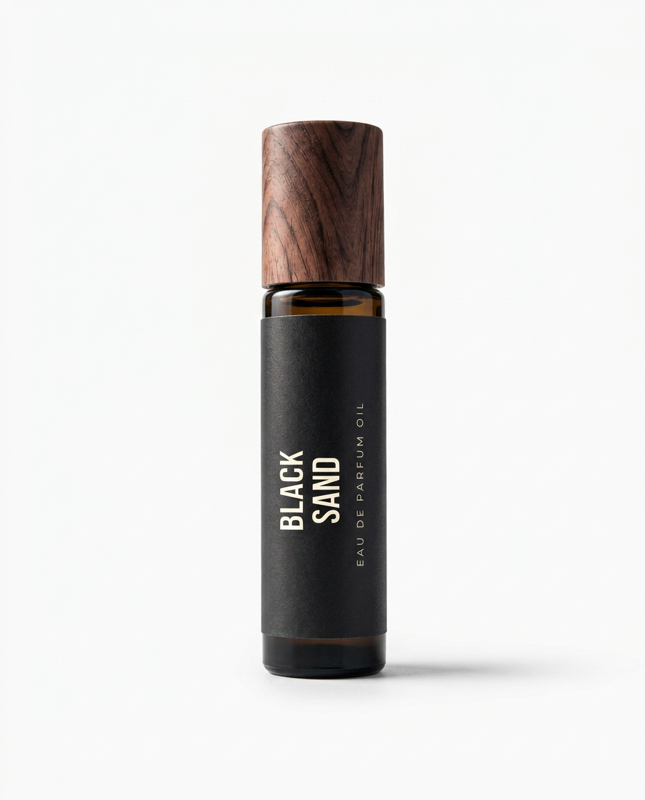 Black Sand roll-on cologne oil on a white background