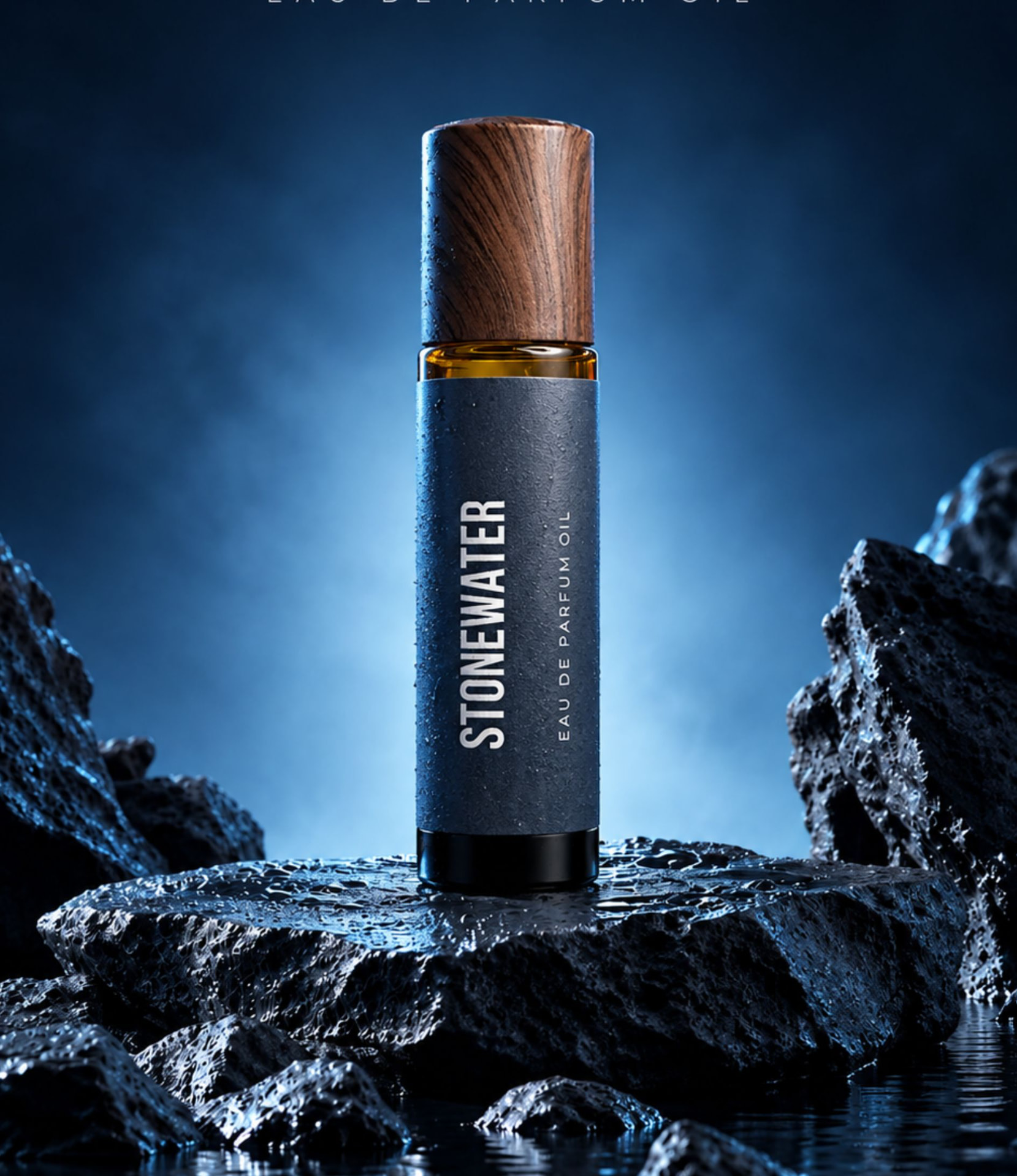 Stonewater standing on wet volcanic rock against a deep blue mist