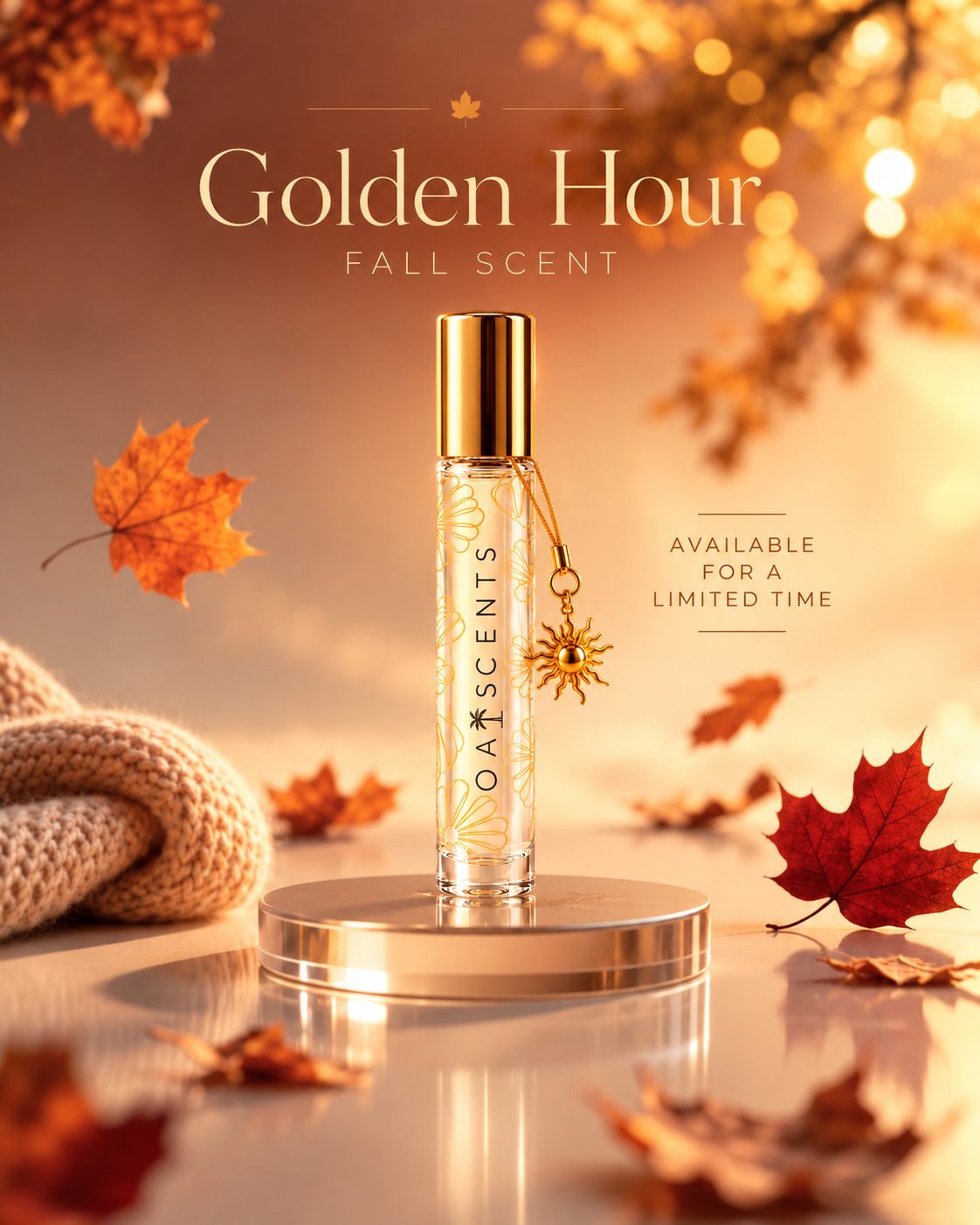 Golden Hour, an Oaiscents fall scent — a roll-on perfume oil with a gold cap and sun charm standing on a gold pedestal among autumn leaves, labelled available for a limited time