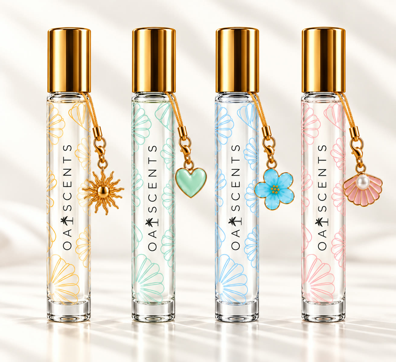 Four Oaiscents roll-on perfume oils lined up in warm sunlight
