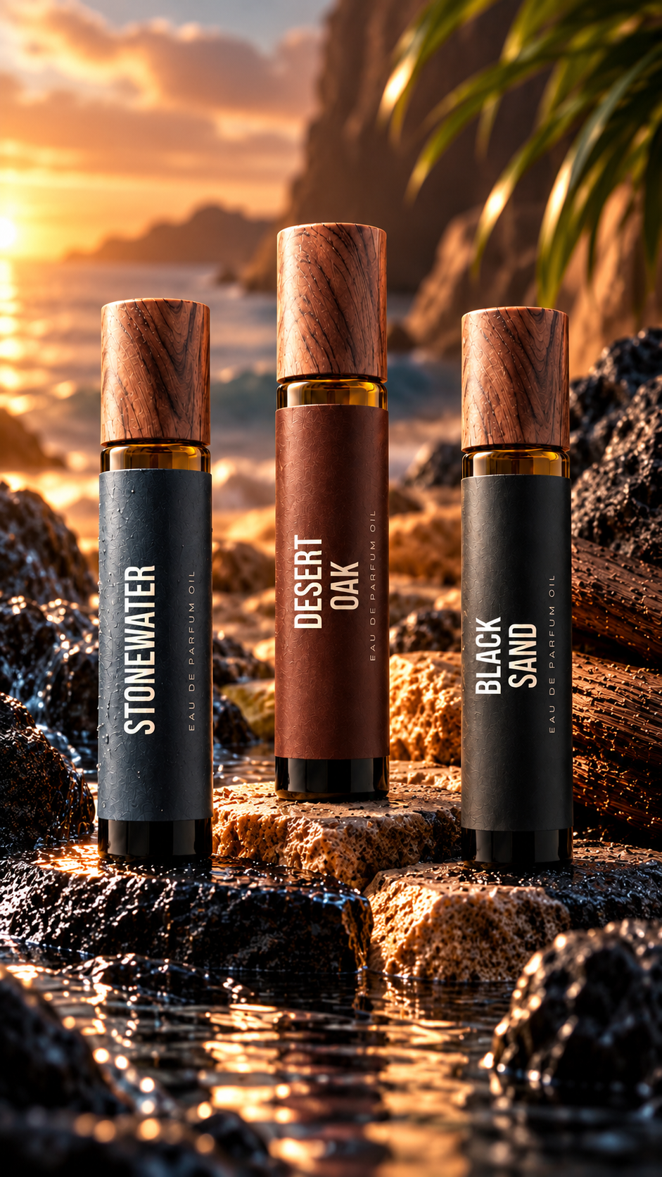 Stonewater, Desert Oak and Black Sand roll-on cologne oils on a sunset shoreline