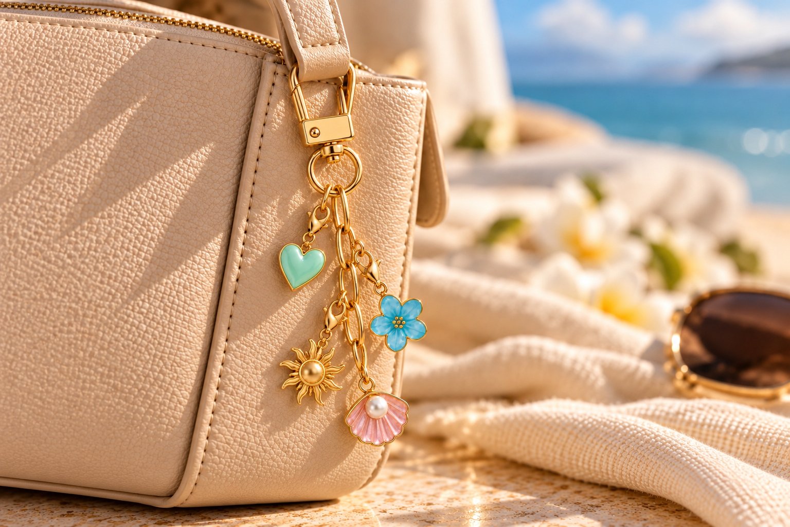 A beige handbag with the gold Oaiscents Signature Keychain holding a mint heart, blue flower, gold sun and pink shell charm