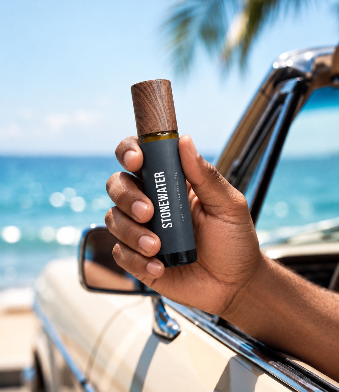 A hand holding Stonewater out of a vintage convertible by the ocean